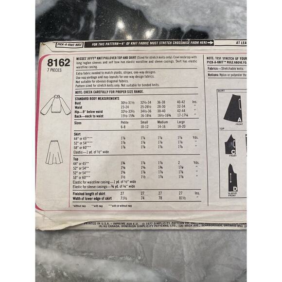 Simplicity Cut Misses Jiffy Knit Pullover Top and Skirt Sizes 10 to 12 No 8162 - Picture 5 of 10